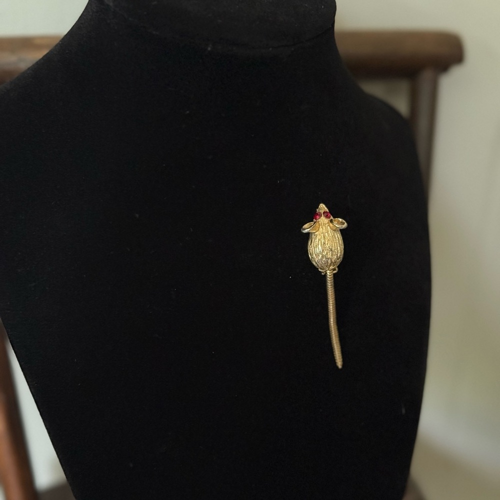 Gold Mouse Brooch with Red rhinestone eyes